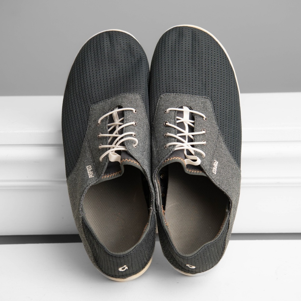 OluKai Nohea Moku Mens 13 Charcoal Gray Mesh Slip on Boat Shoes Beach Minimalist